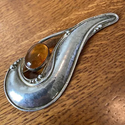 Antique Massive 4” Sterling Silver Baltic Amber Brooch Art Deco A • $169