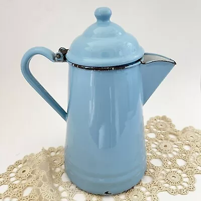 Vintage FRENCH BLUE ENAMEL COFFEE POT 11” Vase Robin Egg 3QT Graniteware • $48