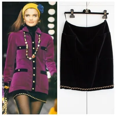 Chanel Vintage Fall/Winter 1990 Black Velvet Gold Chain Mini Skirt • $1250