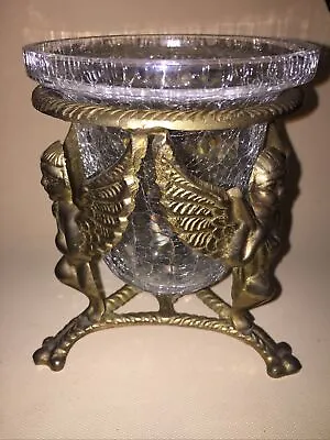 Vintage Brass Angel Candle Holder 3 Footed With Crackle Glass Vase MCM Decor • $30