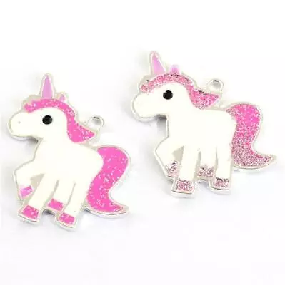 2 X PINK UNICORN GLITTER ENAMEL CHARMS PENDANT 25mm TOP QUALITY C27 • £2.99