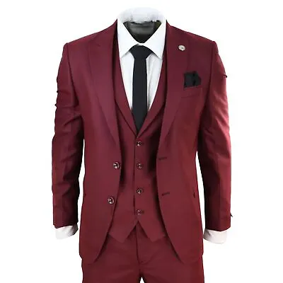 Mens 3 Piece Suit Maroon Tailored Fit Smart Formal 1920s Classic Vintage Gatsby • $157.29