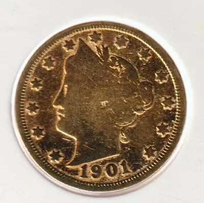 Rare 123 Year Old 1901 Barber Liberty V Nickel US Coin Collection 24k Gold Plate • $16.50