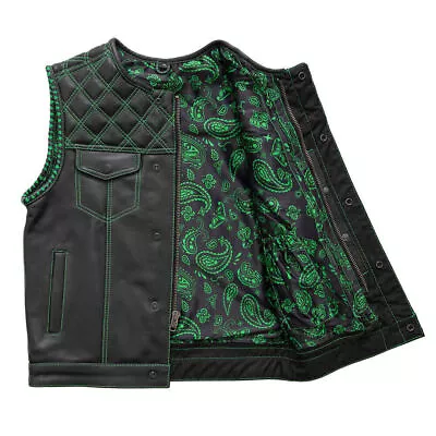 Premium Leather Motorcycle Custom Black Vest Green Lining Bike Rider Waistcoat • $119.99