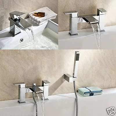 Gemini Waterfall Bathroom Tap Basin Mono Bath Filler & Shower Mixer Solid Brass • £38.99