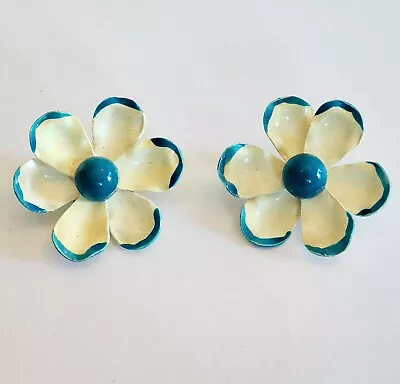 Vintage Earrings Clip On Blue White Flowers Made In West Germany • $6.75