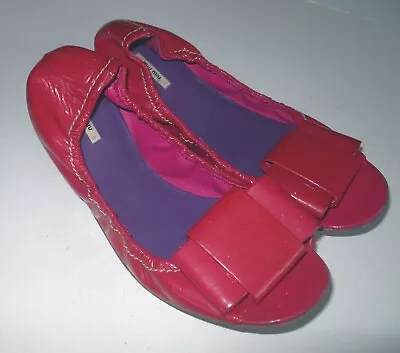 AUTH MIU MIU Women's PINK PATENT LEATHER BOW ACCENT BALLET FLATS- Sz 36.5- ITALY • $25