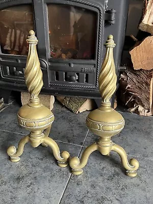 Vintage Antique Brass Fire Dogs Andirons Firedogs Twisted Design Fireside Burner • $19.90