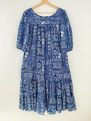 Two Potato Blue Stamp Print Short Sleeve Porch Patio Kaftan Dress Womens Medium • $34.99