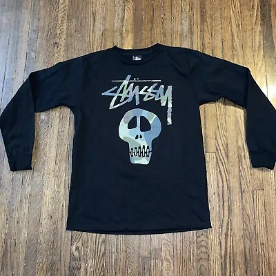 Vintage New Stussy Black Camo Skulls Tee T-Shirt Medium Long Sleeve • $30