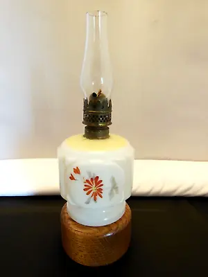 Vintage Milk Glass Floral Design Miniature Oil Lamp P & A Burner & Chimney • $15