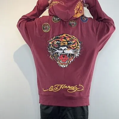 Y2K Ed Hardy Tiger Rhinestone Zip Up Hoodie • £70