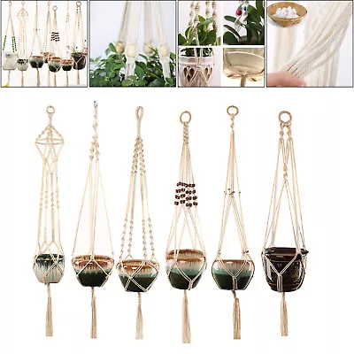 Macrame Plant Hanger Knitted Rope Pots Holder With Ring Outdoor Wall Decor • £5.82