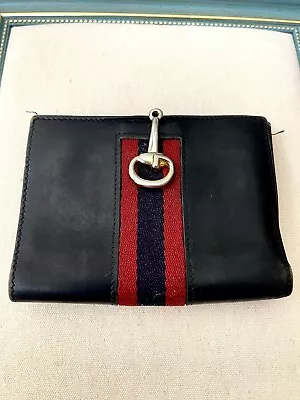 Authentic Vintage GUCCI Midnight Navy Blue Leather Red Stripe Horse Bit Wallet • $85