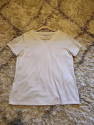 Susan Graver Top Women's Sz S White Pearlescent W Shoulder/Arm Lace Short Sleeve • $12.98