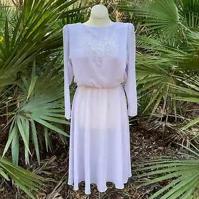 Vintage 80s Lavender Midi Dress Cutout Lace Draped Back Ursula Size 9 10 • $32