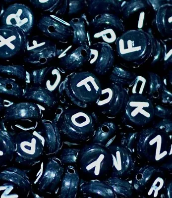 Acrylic BLACK Beads With White Letter Flat Round 4 X7 Mm Single & Mixed • £4.95