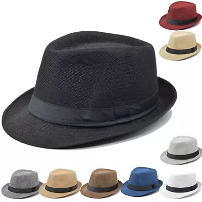 Men Women Straw Fedora Hat Trilby Cuban Sun Cap Panama Short Brim Beach Sun Hat • $17.53