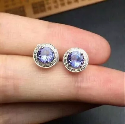 2Ct Round Lab-Created Blue Tanzanite Halo Stud Earrings 14K White Gold Plated • £100.58