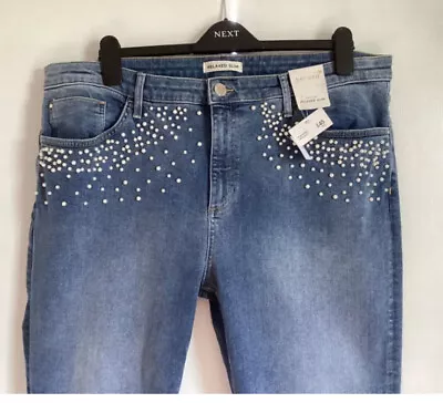 M&S Per Una Roma Rise Relaxed Slim Mid Blue Denim Jeans Pearl Embellished Sz 18S • £29