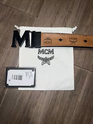 MCM Men Cognac And Black M Logo Buckle Reversible Leather Belt One Size 41” • $199