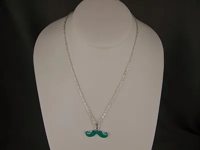 Aqua Silver Mustache Handlebar Moustache Pendant Charm 16  Long Chain Necklace • $6.99