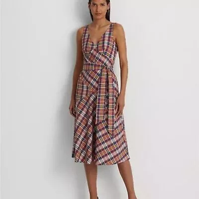 Lauren Ralph Lauren Belted Cotton Madras Sleeveless Midi Dress Sz 10 NWT Plaid • $49