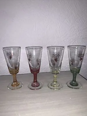 4 Vintage Multi Coloured Stemmed Sherry Glasses With Gold Leaf Flowers • £11