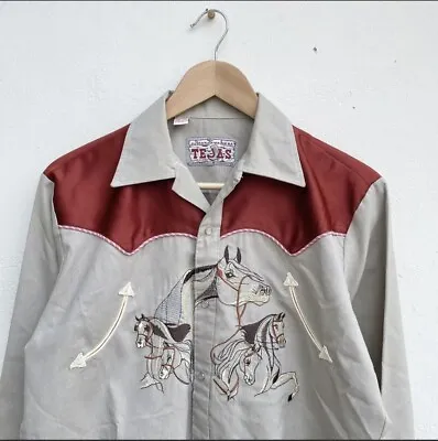 £75 • Buy Vintage Tejas Pearl Snap Western Ranchwear Rodeo Cowboy Rockabilly Shirt. Size M