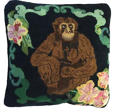 Wool Needlepoint Monkey Throw Pillow With Flowers Black Background Cushion 14x14 • $69.98