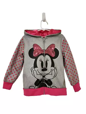 Disney Girls Minnie Mouse Full Zip Hoodie With Ears Size 5 Gray Pink Sequin • $15