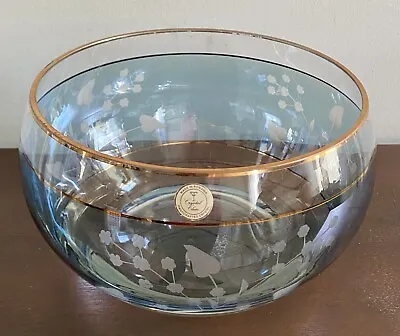 VTG Blue Crystal Bowl W/ Gold Trim & Etched Floral Design Handcrafted In Romania • $24.99