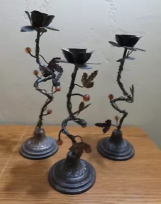 Trio Of Candlesticks Metal Floral Beaded Leaf Design Autumn Harvest • $21.24