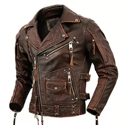 Men Vintage Distressed Brown Waxed Cafe Racer Retro Moto Biker Riding Jacket • $99