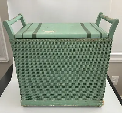 Rare 1930s Whitney Wood Woven Wicker Laundry Clothes Hamper Basket Bench • $62.50