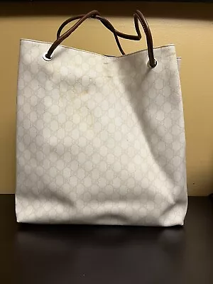 Vintage Gucci Tote Bag Purse GG Off-White + Brown Leather Accent 2009-2011 • $395