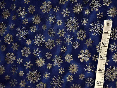 Cotton Fabric Ozark Christmas Fabri-Quilt Gold Metallic Snowflakes On Blue BTHY • $4