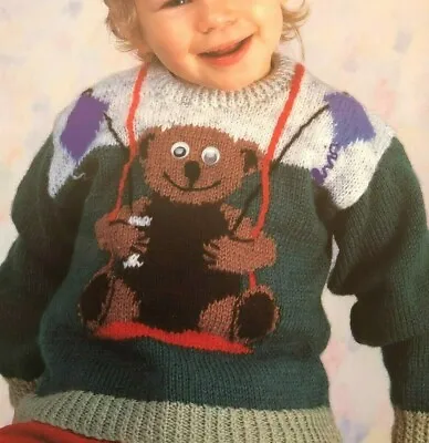 Knitting Pattern Girls Boys  Swing Teddy Bear Picture  Jumper Dk  22 - 30 -  6t • £2.10