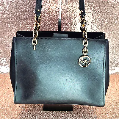 Michael Kors Women's Cynthia Shoulder Tote Handbag Purse Medium Black Leather • $64.99