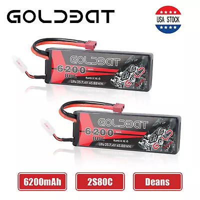 2Pcs 80C 6200mAh GOLDBAT 7.4V 2S RC Lipo Battery Deans Plug For Car Truck Buggy • $36.99