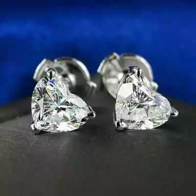 2Ct Heart Cut Moissanite Heart Shape Stud Earrings 14K White Gold Plated Gift • $30