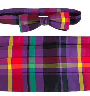 VTG Santana Men's Cummerbund Bow Tie Set Puple Plaid Wedding Prom Formal Wear OS • $24.99