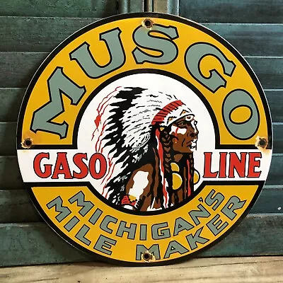 Vintage Musgo Gasoline Porcelain Gas Station Sign Michigan’s Mile Maker • $29.99