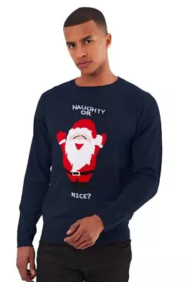 Mens Christmas Jumper Funny Naughty Or Nice Santa Xmas Novelty Thin Crew Neck Sw • £10.86