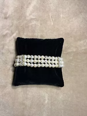 Vintage 3 Strand Genuine Pearl & Rhinestone Stretch Bracelet • $29.99