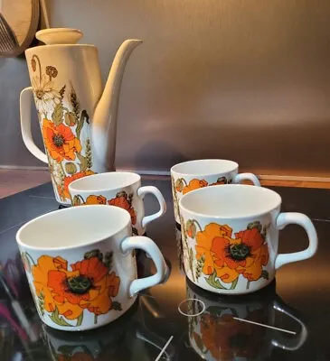 Vintage Meakin Poppy Coffee Pot & Set Of 4 Cups Retro Floral 70s 80s VGC J&G  • £15