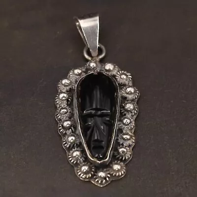 VTG Sterling Silver - MEXICO TAXCO Onyx Carved Mask Necklace Pendant - 12g • $18.50