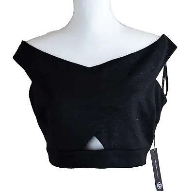 As U Wish Midriff Crop Tank Top Black Glitter Size 13 Junior Stretch Cutout  • $17.50