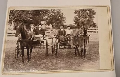 Cabinet Card Photo 4 Young Gentlemen Hats Two Surrey Type Horse Drawn Carriages • $19.95