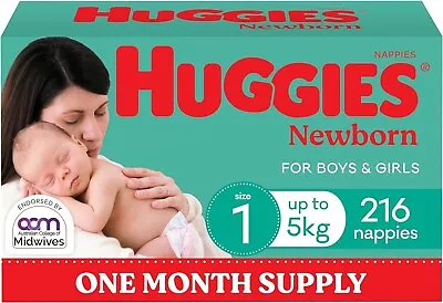 Huggies Newborn Nappies Size 1 (up To 5kg) 1 Month Supply 216 Count • $79.99